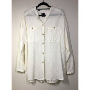 Lizsport Gauzy Button Up Top L Ivory Mandarin Collar Long Sleeve Beachy Bust 46"